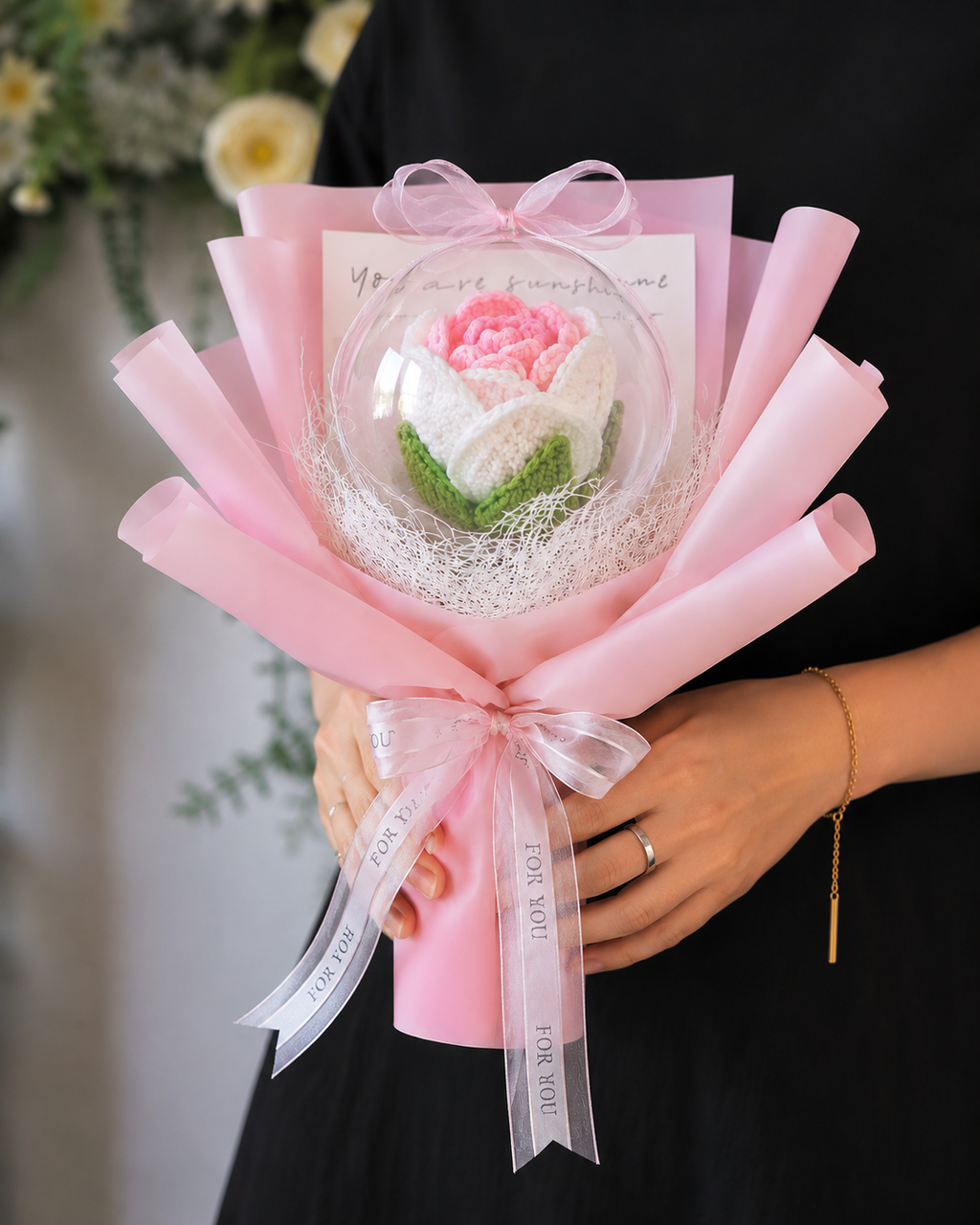 Pink Crochet Rose Bubble Bouquet | Handmade Knitted Forever Flower Gift | Birthday, Anniversary, Graduation, Baby Girl & Gift for Her