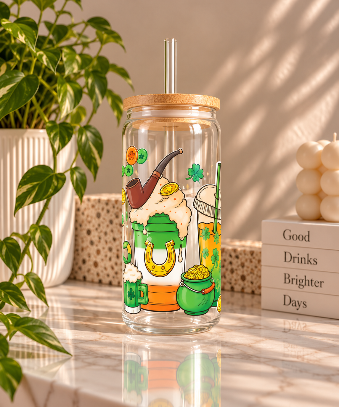 Lucky Clover & Leprechaun Glass Tumbler