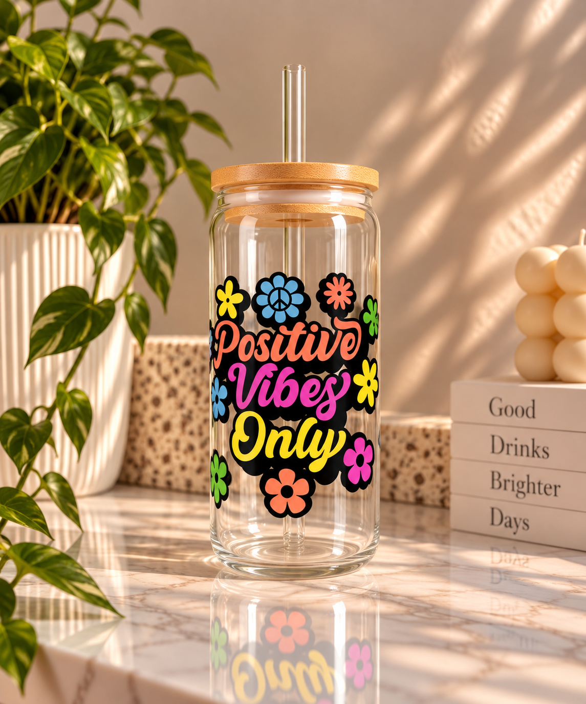 Positive Vibes Only Floral Glass Tumbler