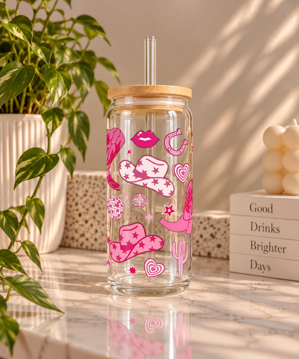 Pink Western Cowboy Boots & Hats Glass Tumbler