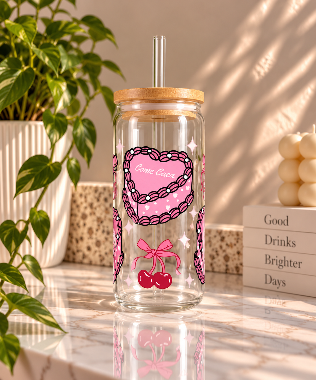 Pink Cherry Cake & Bow Glass Tumbler