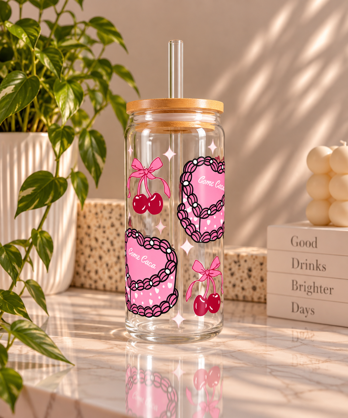Pink Cherry Cake & Bow Glass Tumbler
