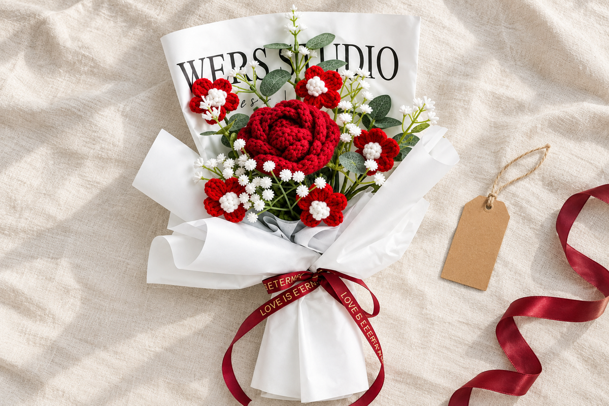 Crimson Rose crochet bouquet flat-lay on linen, no borders